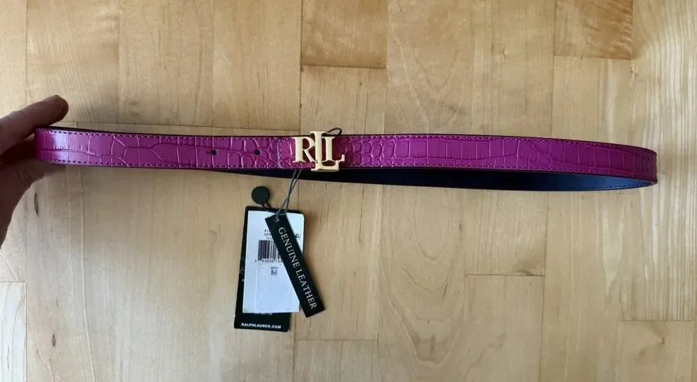 NWT Ralph Lauren Pink Purple Leather Croc Embossed Skinny Belt Gold Logo M